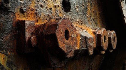 A close up macro view of a heavily rusted unadorned iron bolt with a rough textured surface showing significant corrosion and decay