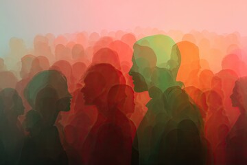 Silhouetted figures blend with colorful, abstract crowd in warm, dreamlike light