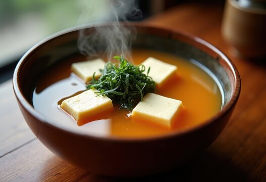 Lacquered Miso Soup with Tofu and Seaweed in Bowl Composition Depth