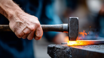 blacksmith bending steel rod using heat and manual force, close-up on muscular arms and glowing metal