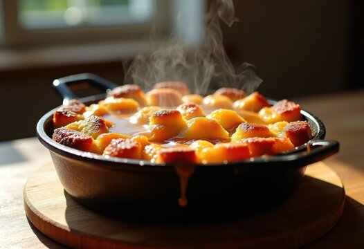Warm Bread Pudding Caramel Bliss in Cast Iron Dish with Heavenly Drizzle