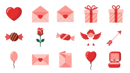 Valentine's Day Icons Set: Hearts, Gifts, Envelopes, Cupid, Rose, Candy, Ring
