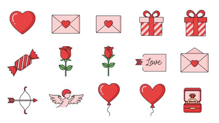 Valentine's Day Icons: Hearts, Roses, Gifts, Envelopes, Cupid, Ring - Vector Set