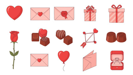 Valentine's Day Icons: Hearts, Roses, Gifts, Chocolates, Envelopes, Ring, Balloon