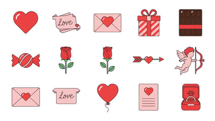 Valentine's Day Icons Set: Hearts, Roses, Gifts, Love Letter, Cupid, Ring