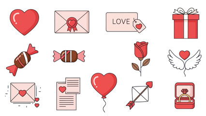 Valentine's Day Icons: Hearts, Love Letters, Rose, Gift, Ring, Candy, Envelopes
