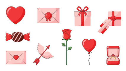 Valentine's Day Icons Set: Hearts, Gifts, Rose, Candy, Arrow, Ring, Envelopes