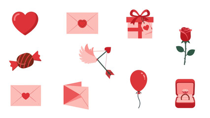 Valentine's Day Icons: Heart, Rose, Gift, Ring, Envelope, Candy, Balloon, Cupid's Arrow