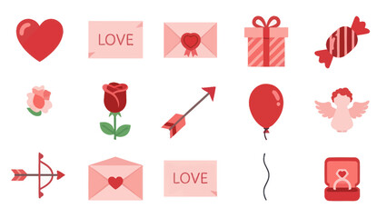 Valentine's Day Icons Set: Love Symbols, Gifts, Rose, Cupid, Ring, Candy, Envelope