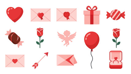 Valentine's Day Icons: Hearts, Roses, Envelopes, Gift, Cupid, Ring, Balloon