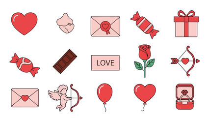 Valentine's Day Icons: Hearts, Roses, Cupids, Gifts, and Love Symbols