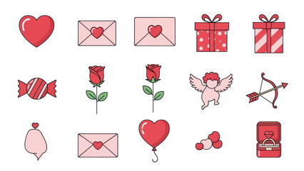 Valentine's Day Icons: Hearts, Roses, Gifts, Cupid, Love Letters, Candy, Ring