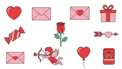 Valentine's Day Icons: Hearts, Cupids, Roses, Gifts, Envelopes, Rings, Balloons