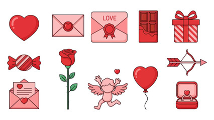 Valentine's Day Icons: Hearts, Rose, Chocolate, Gift, Cupid, Ring, Love Letter