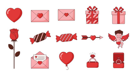 Valentine's Day Icons: Hearts, Rose, Gifts, Cupid, Envelope, Ring, Candy