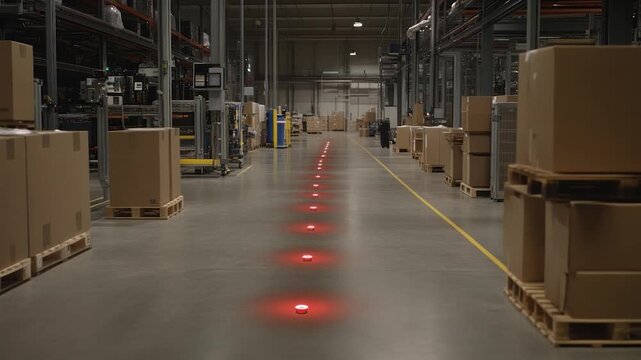 A warehouse interior with rows of boxes, lit path, and structural framework