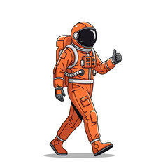 Astronaut Giving Thumbs Up Gesture, Walking in Orange Space Suit