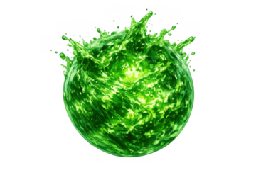Green glowing liquid sphere splashing, bubbling toxic fluid orb, abstract energy exploding, magic science concept