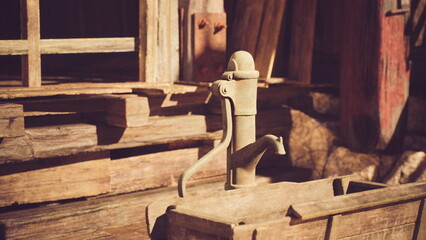Rustic hand pump on wooden porch, abandoned farmhouse setting with warm golden morning light casting long shadows across weathered planks, dust motes floating
