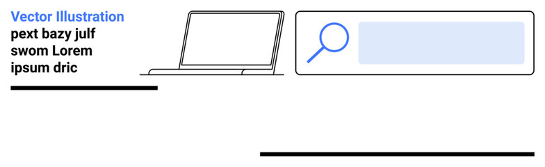 Obraz premium Online research, web navigation, digital tools, productivity, user interface, technology illustration. A laptop alongside a search bar with a magnifying glass icon. Online research and web navigation