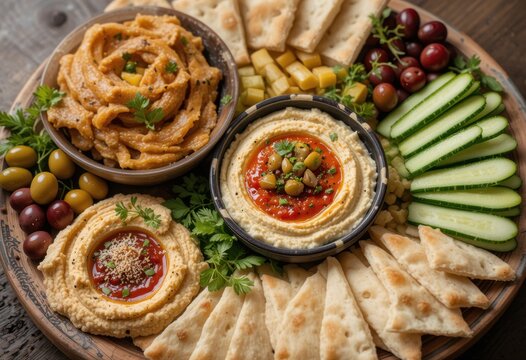 Plato de mezze mediterr&aacute;neo con remolinos de hummus, salsa de pimiento rojo asado, aceitunas, pan pita y palitos de pepino crujientes
