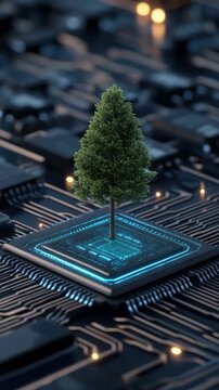 A tree grows on a computer chip showing the connection between nature and technology in a creative way