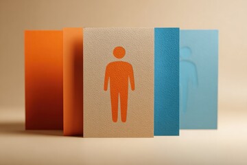 Three distinct human icons in varying colors and textures on upright cards