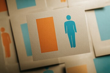 A grid of squares displays icons of figures and rectangles in blue and orange hues