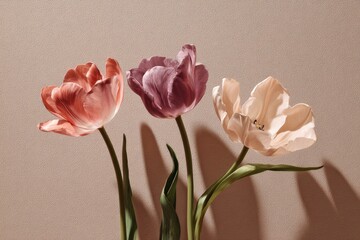 Three delicate tulips in soft, muted pastel shades cast gentle shadows