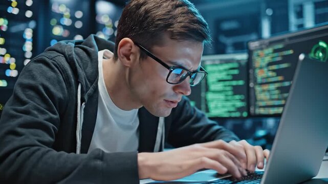 Focused programmer typing on a laptop in a high-tech data center. Cybersecurity expert working with code on multiple monitors. Software development and IT infrastructure concept