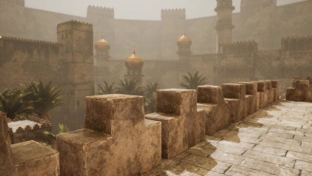 Sunlit sandstone battlements with distant citadel, palm silhouettes, dusty haze, expansive ramparts and weathered stone paving creating cinematic ancient