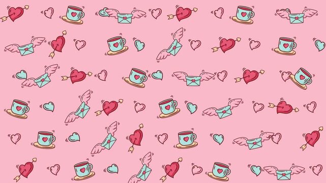 Displays hearts, arrows, letters, and cups on a pink background. Perfect for valentines day designs and romanticthemed projects.