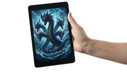Hand holding tablet displaying a multi-headed dragon in a stormy sea, digital art.
