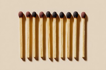 Row of burnt matches with dark heads arranged horizontally on a plain background
