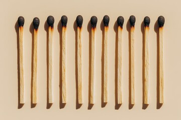 Ten burnt matchsticks arranged in a row on a plain, light background