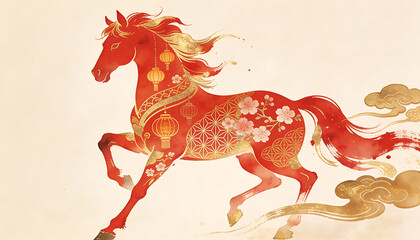 A vibrant red horse with golden decorations runs freely in a serene environment-chinese new year