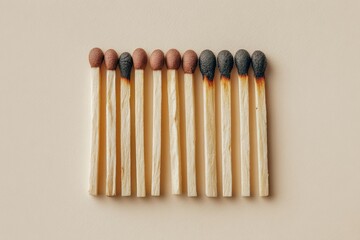 Row of wooden matches, some with burnt tips, on a pale surface