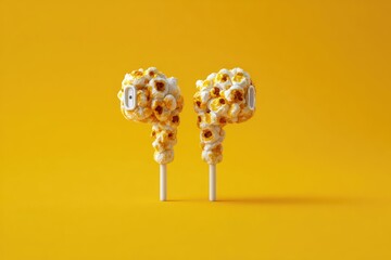 Popcorn earbuds on a bright yellow background, representing a creative snack concept