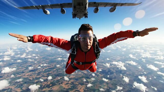 Man in a red suit skydiving from a cargo plane over clouds and earth with a clear blue sky