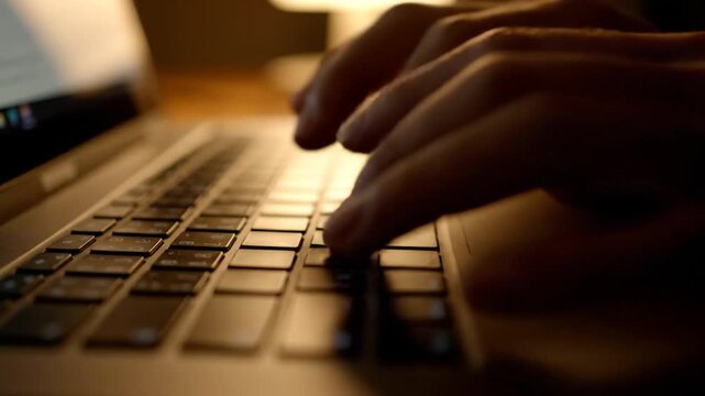 Fingers rapidly press the keys of a laptop keyboard under soft golden light. The video shows intense concentration during late-night work or coding, capturing the rhythm of digital productivity in th