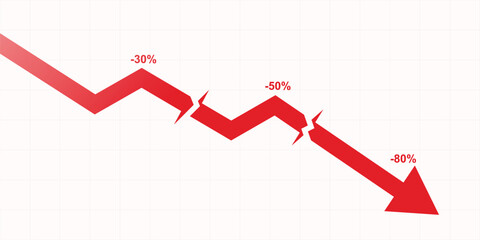 Broken red arrow graph crashing down with percentage numbers on grid background representing total financial collapse, bankruptcy, and severe economic crisis