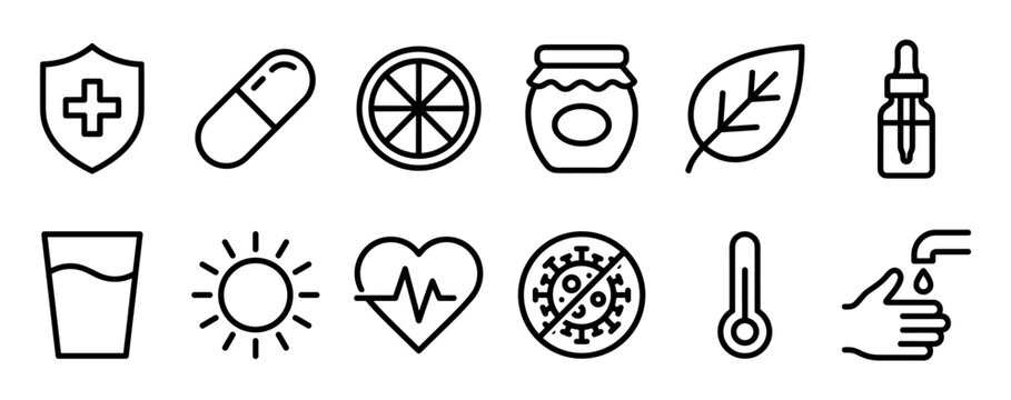 Health and wellness black linear icon set representing immunity, medicine, natural remedies, and hygiene for disease prevention in a simple, clean outline style