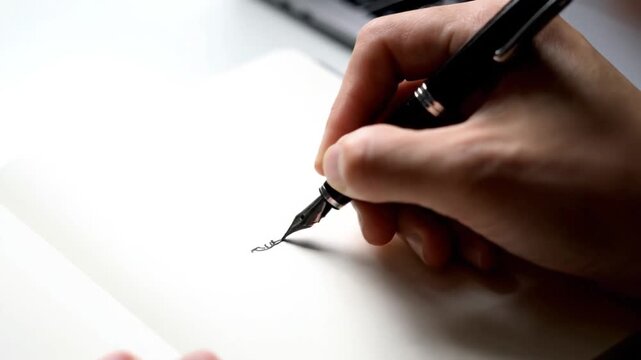 A close-up shot shows a hand holding a black fountain pen, slowly lowering it to a blank page, and beginning to write a small, flowing signature or doodle on the light-colored paper.