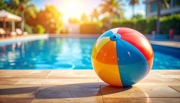 Bright Inflatable Beach Ball on Sunny Poolside Deck with Tropical Resort Background
