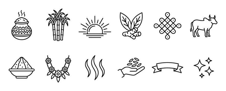 Collection of black line art icons for a harvest festival celebration featuring a boiling pot, sugarcane, sunrise, turmeric, cow, and kolam design in a minimalist vector style