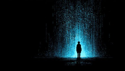 Lone figure silhouetted against a glowing blue digital rain
