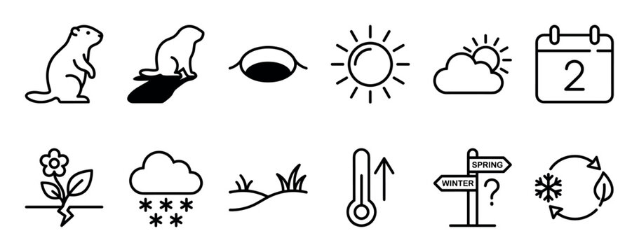 Set of black line icons for Groundhog Day illustrates the holiday with a marmot, shadow, burrow, calendar, and weather symbols for predicting the arrival of spring