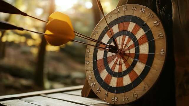 A wooden dartboard with darts impaled in a bullseye, leaning against a tree in a sunlit forest