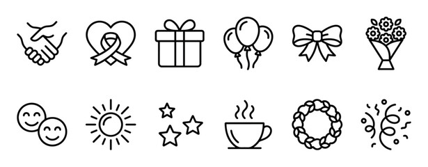 Obraz premium Set of black line icons representing friendship, celebration, and positive emotions, including a handshake, gift, balloons, flowers, smiling faces, and a warm coffee cup