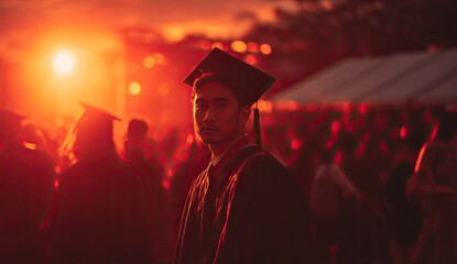 A young man in graduation attire gazes forward during a ceremony